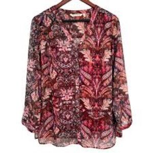 Soft Surroundings Multiprint Paisley Button Sheer Shimmer Blouse with Solid Tank